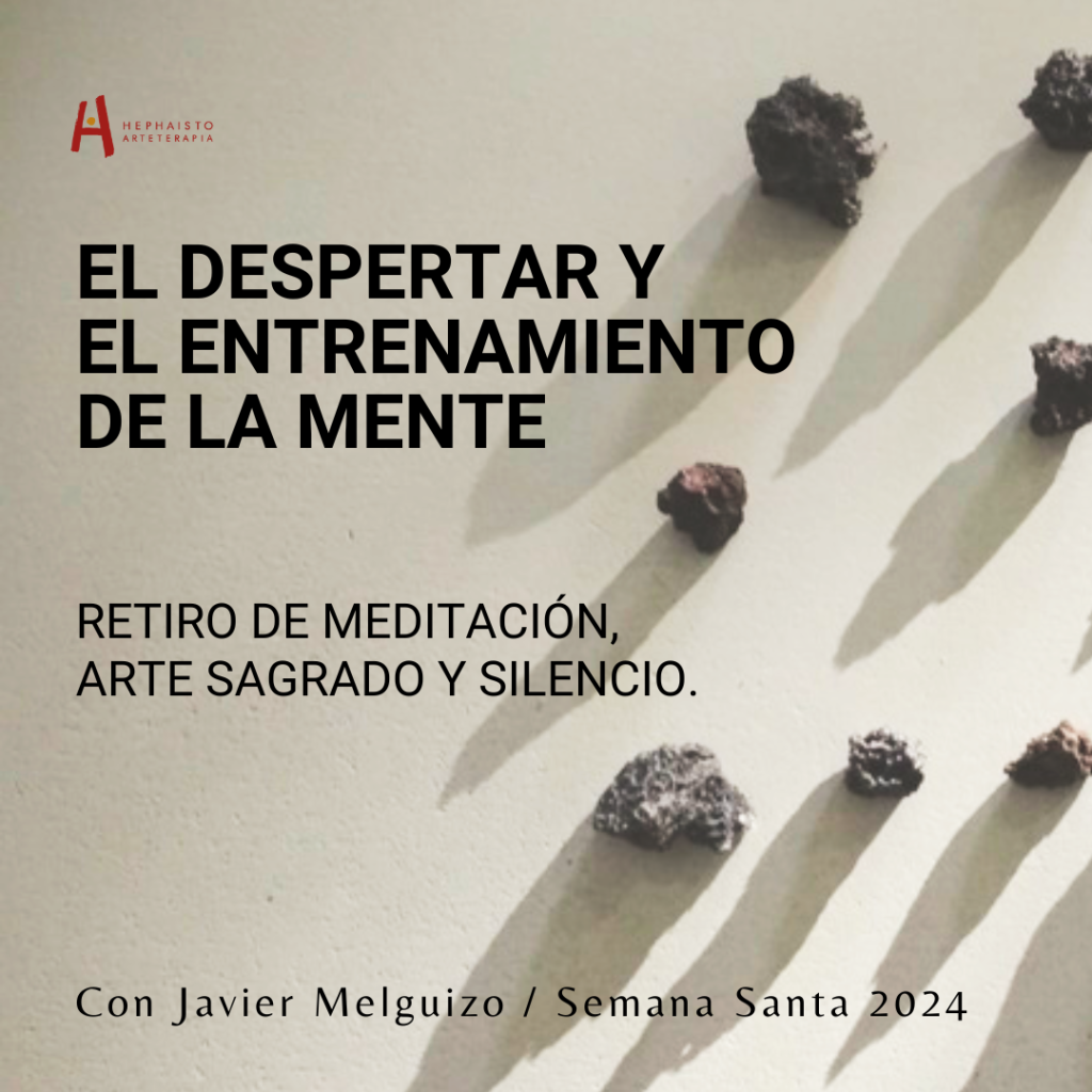 Esta imagen representa las piedras que están en nuestra mente y obstaculizan nuestro trabajo meditativo. Sobre la imagen, el texto brinda el título del evento.